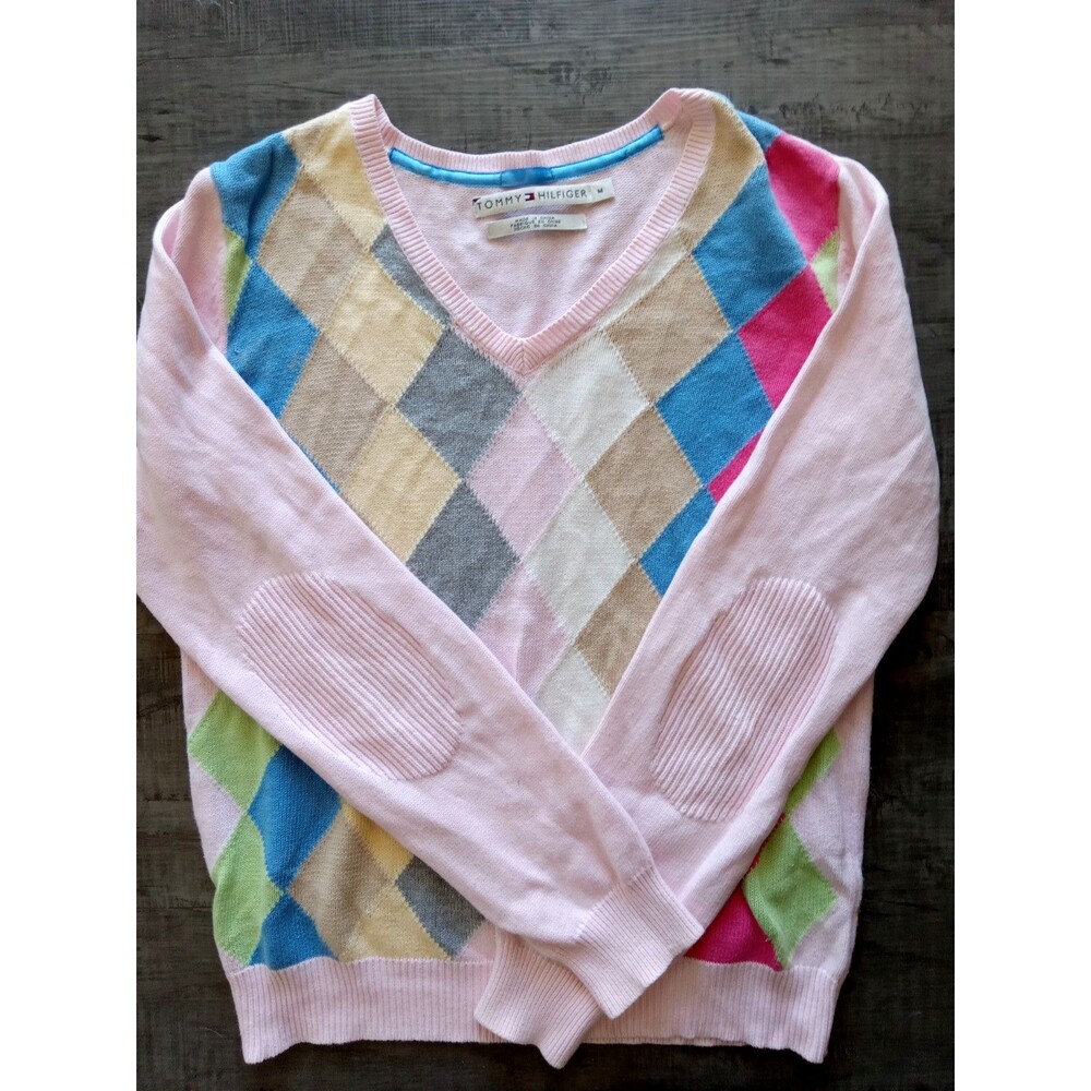 VTG Tommy Hilfiger Pink Argyle Preppy 100% Cotton Barbie Sweater Size Medium